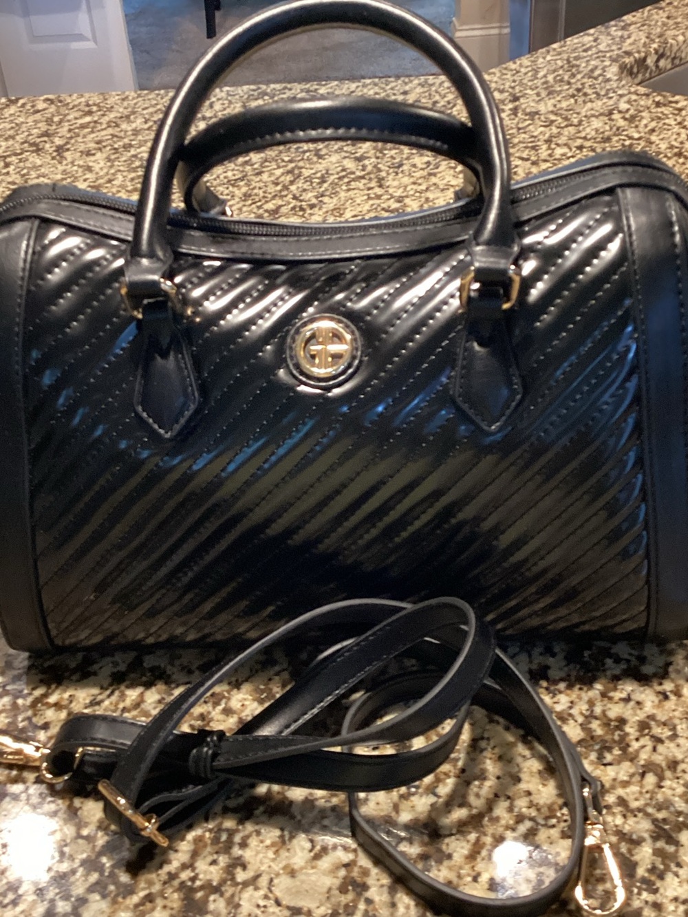 Giani Bernini Black Quilted Satchel with Gold Logo Hardware. EUC